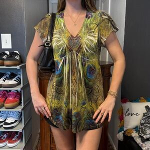 Oneworld Peacock Vneck Blouse with Stud Embellishments and Crochet Flower Back L